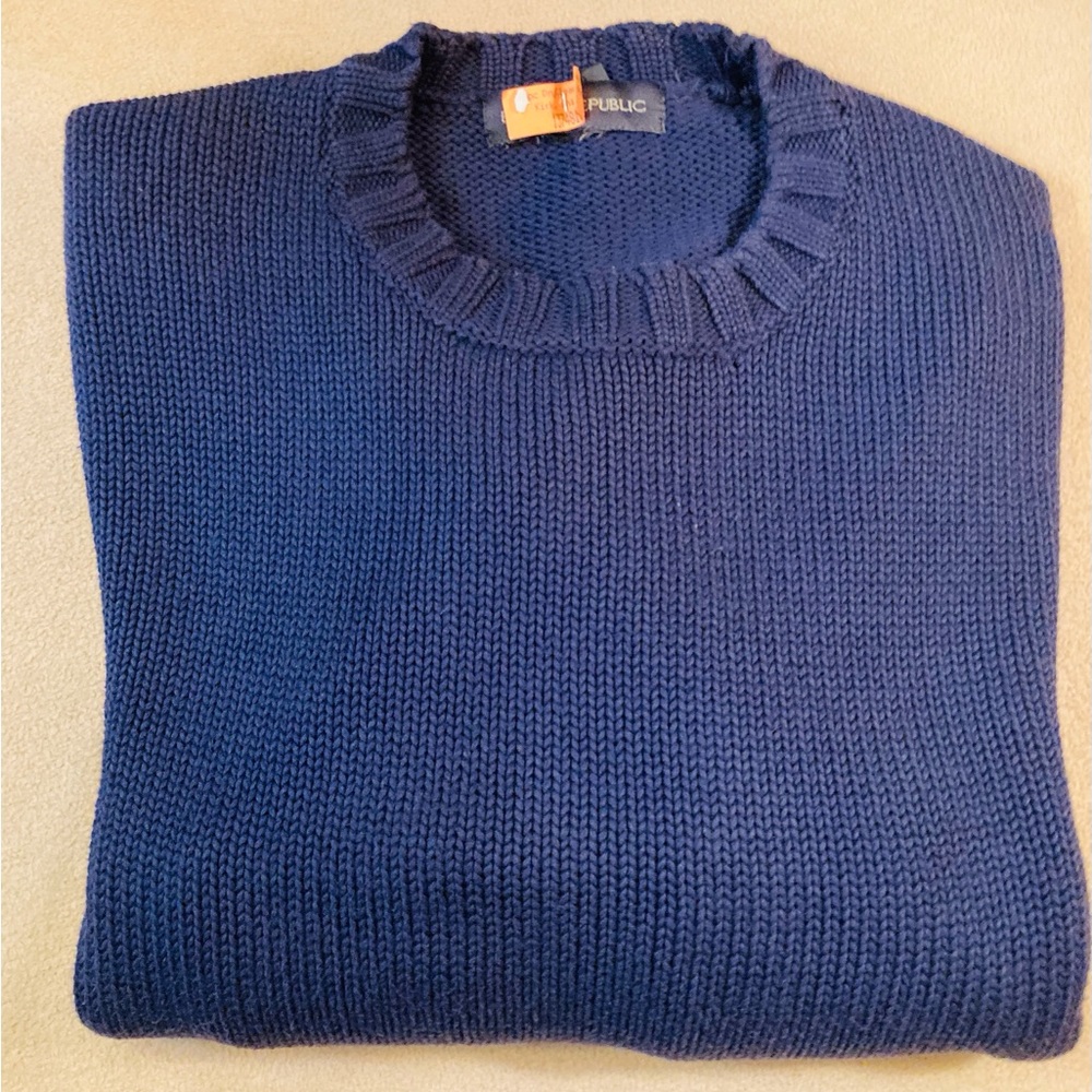 Indigo blue men’s Banana Republic woven crew neck cotton sweater banded neck